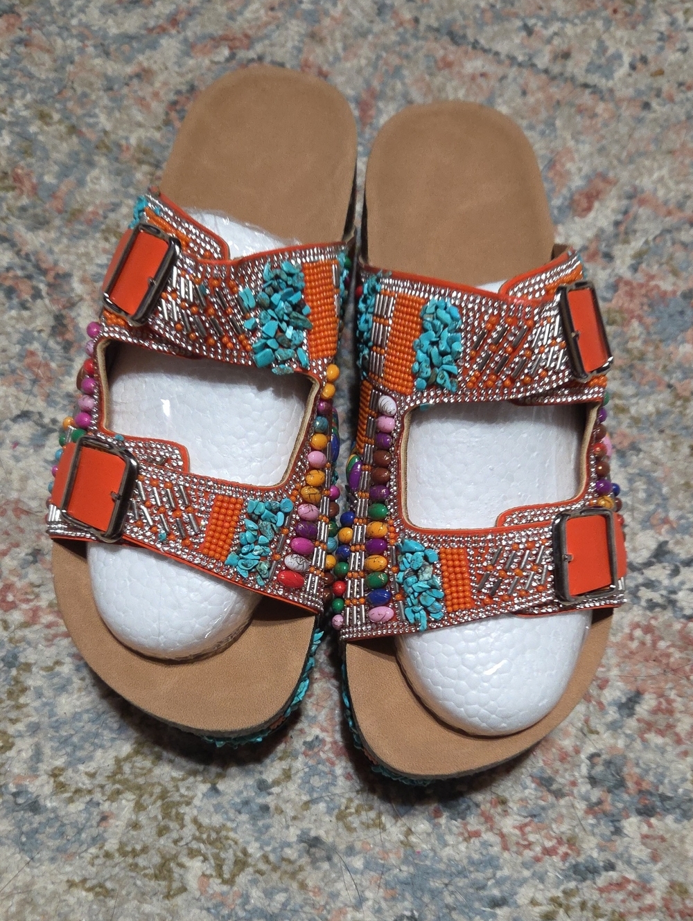 Beaded Orange Slide Sandals with Turquoise Accents